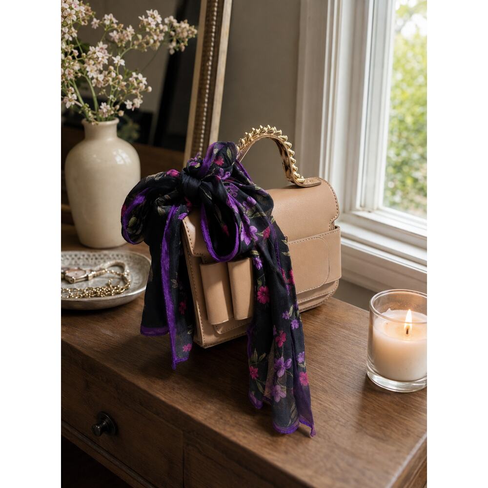 Jones New York 100% Silk Floral Scarf Black Purple Long Oblong Wrap